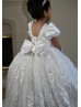 Puff Sleeves Ivory Satin Lace Floral Flower Girl Dress With Removable Train